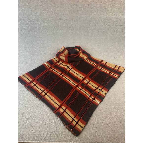 Chicos Poncho Sweater Cowl Neck Plaid Shine Camel Sequin Holiday Size S/M - Picture 3 of 9